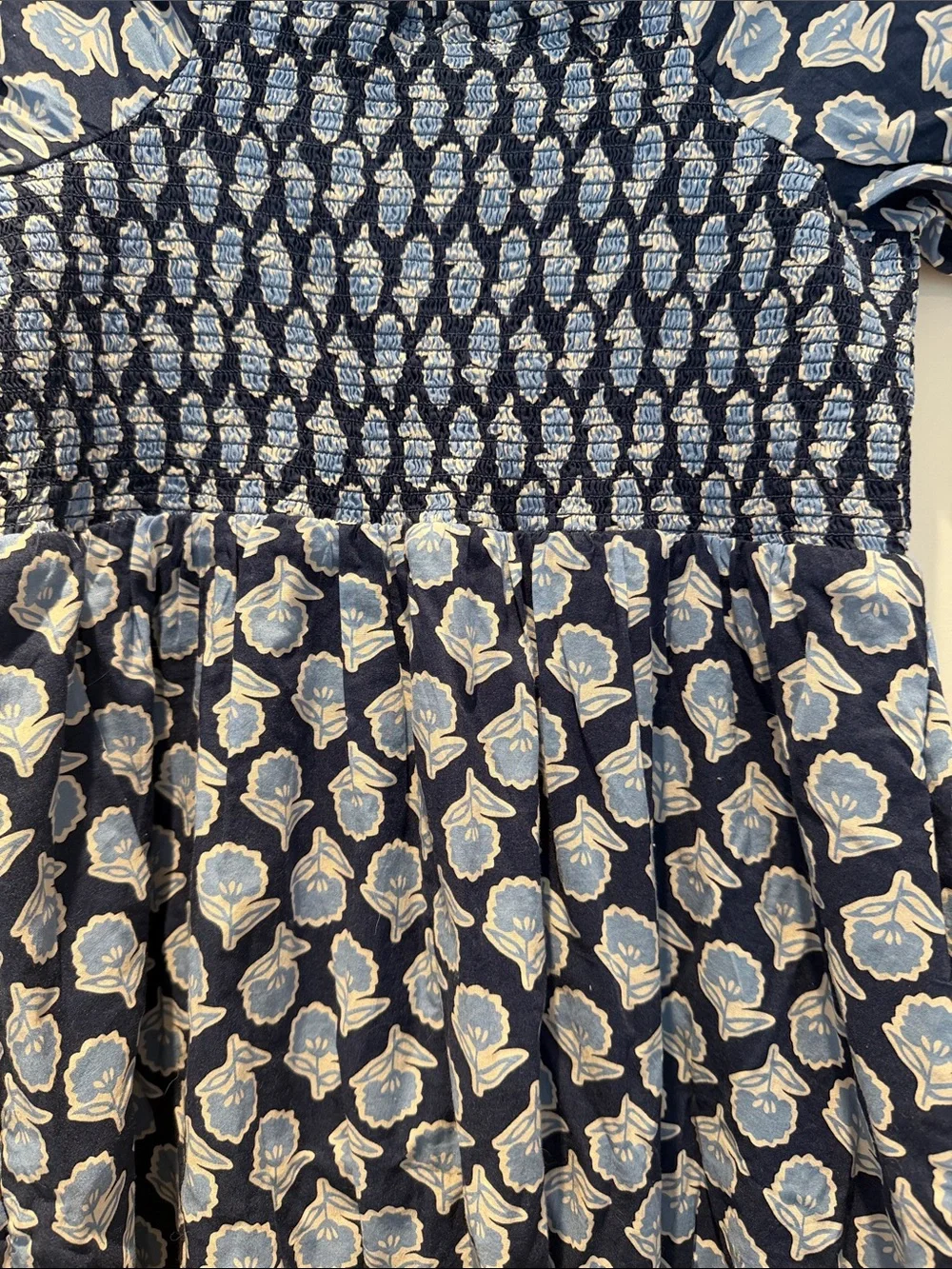 Navy Blue Floral Smocked Puff-Sleeve j crew Dress